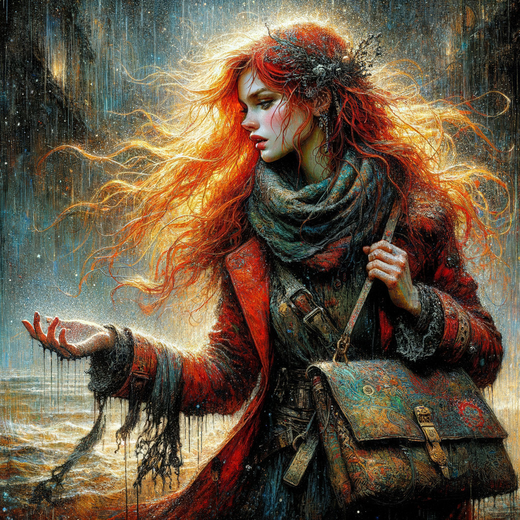 Mystical Scene of Young Woman in Rainy Ambiance