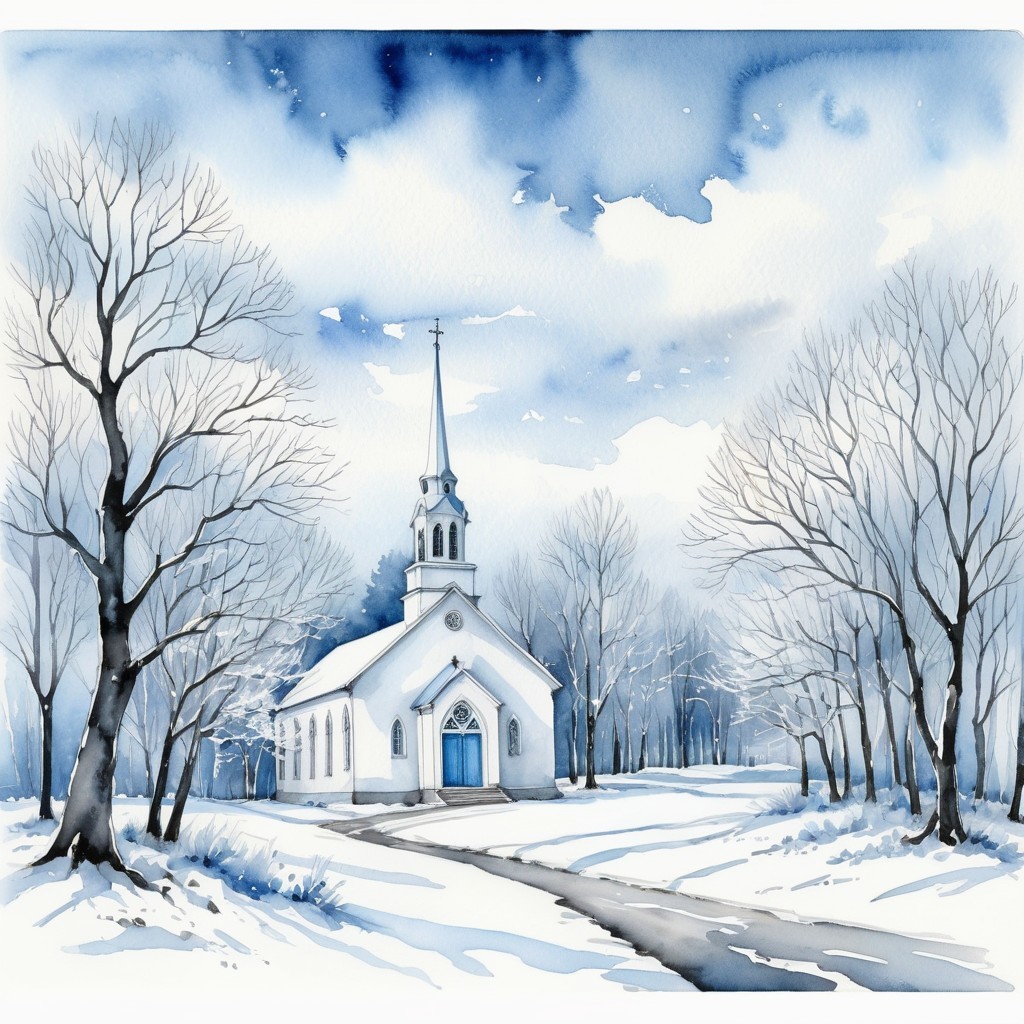 Winter Scene of a Quaint Church in a Snowy Landscape