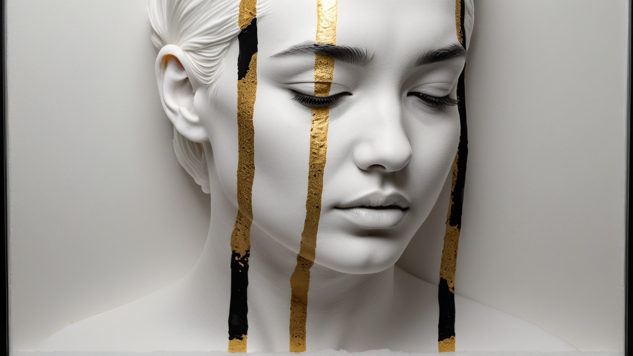 Sculpture of a woman's face in white with black and gold