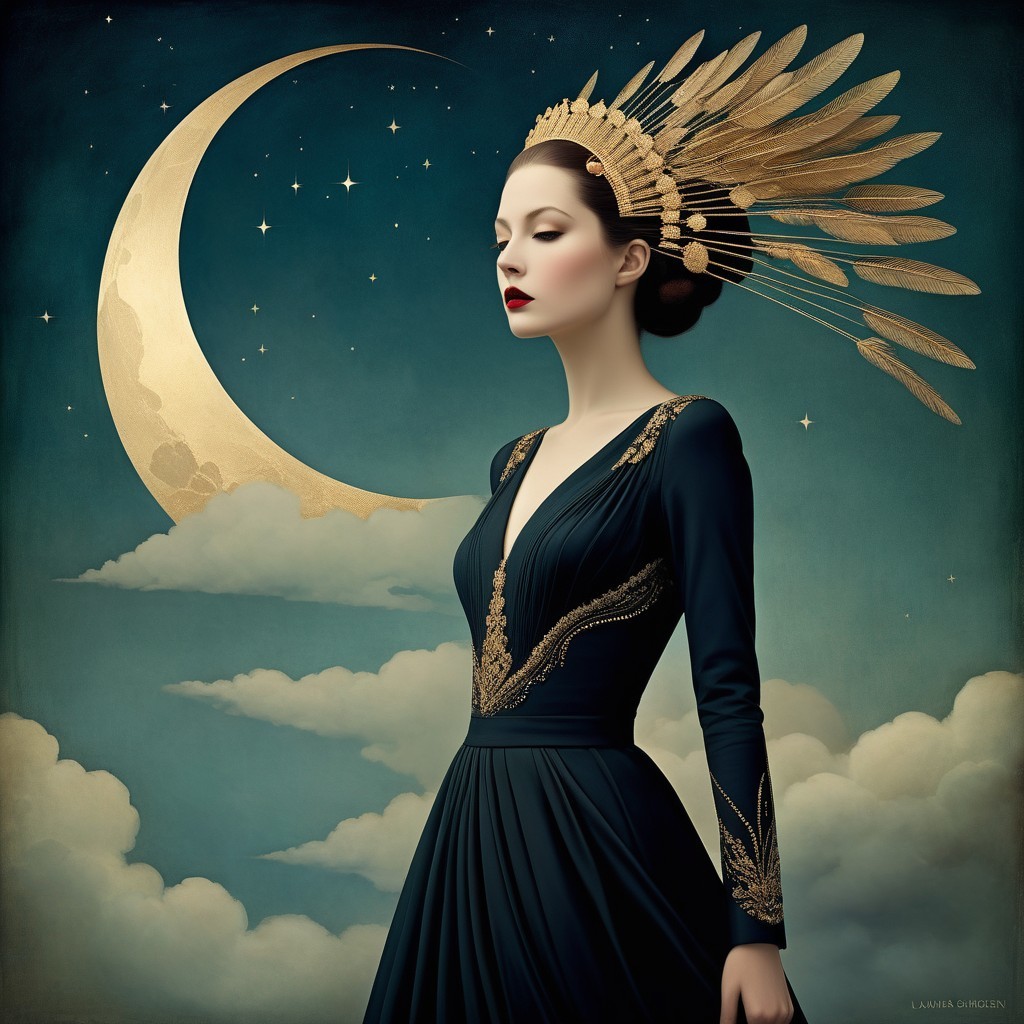 Serene Woman in Dark Gown Against Night Sky