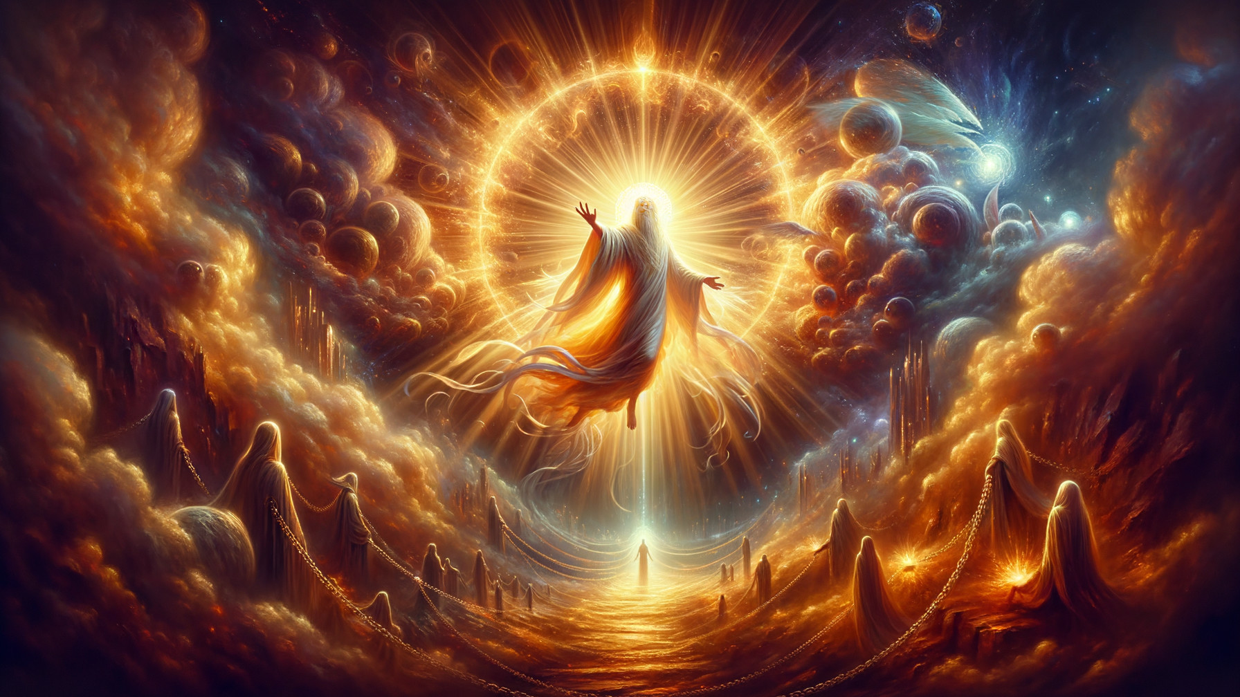 Celestial Scene with Divine Figure in Radiant Light