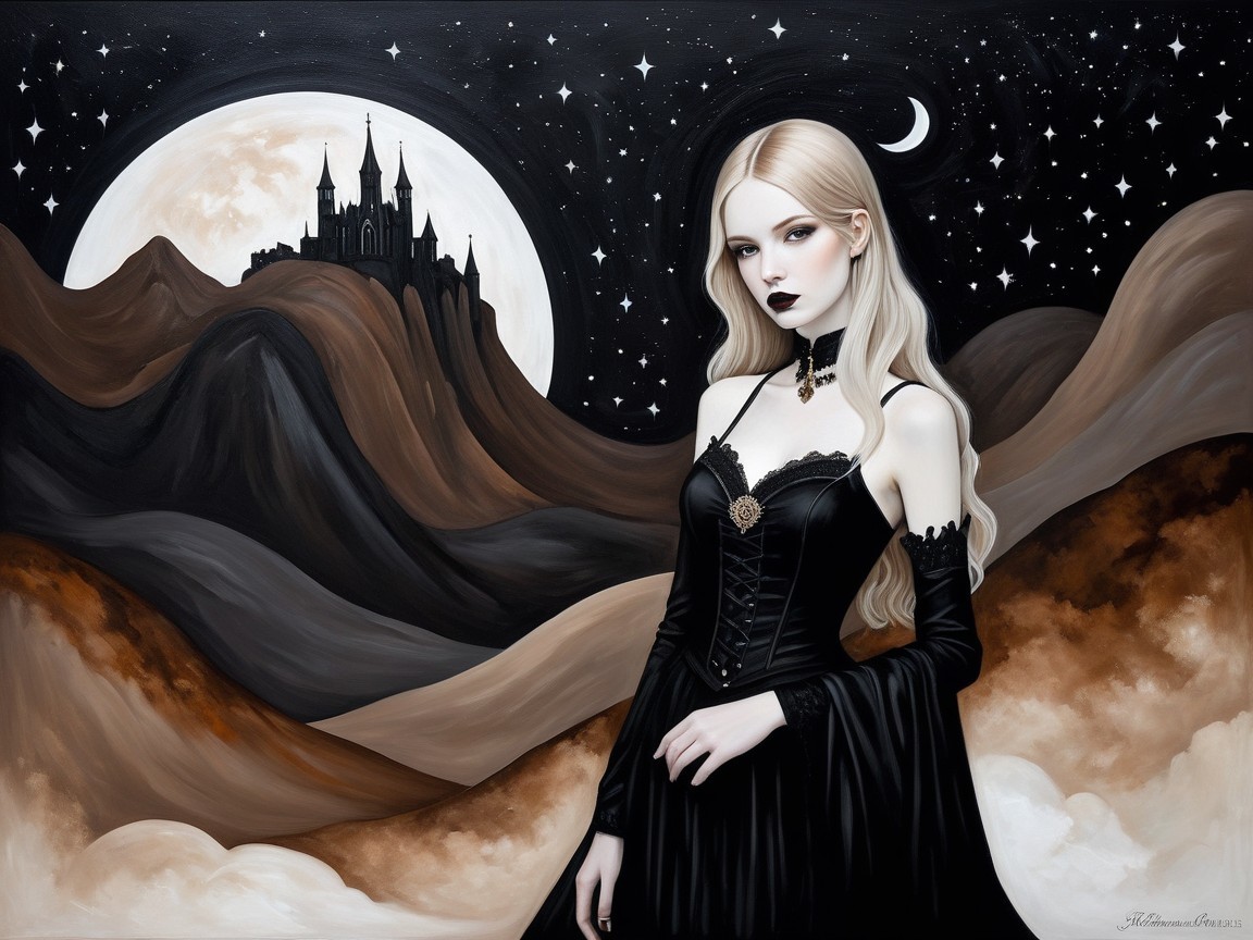 Ethereal Figure in Black Gown Under Starry Sky