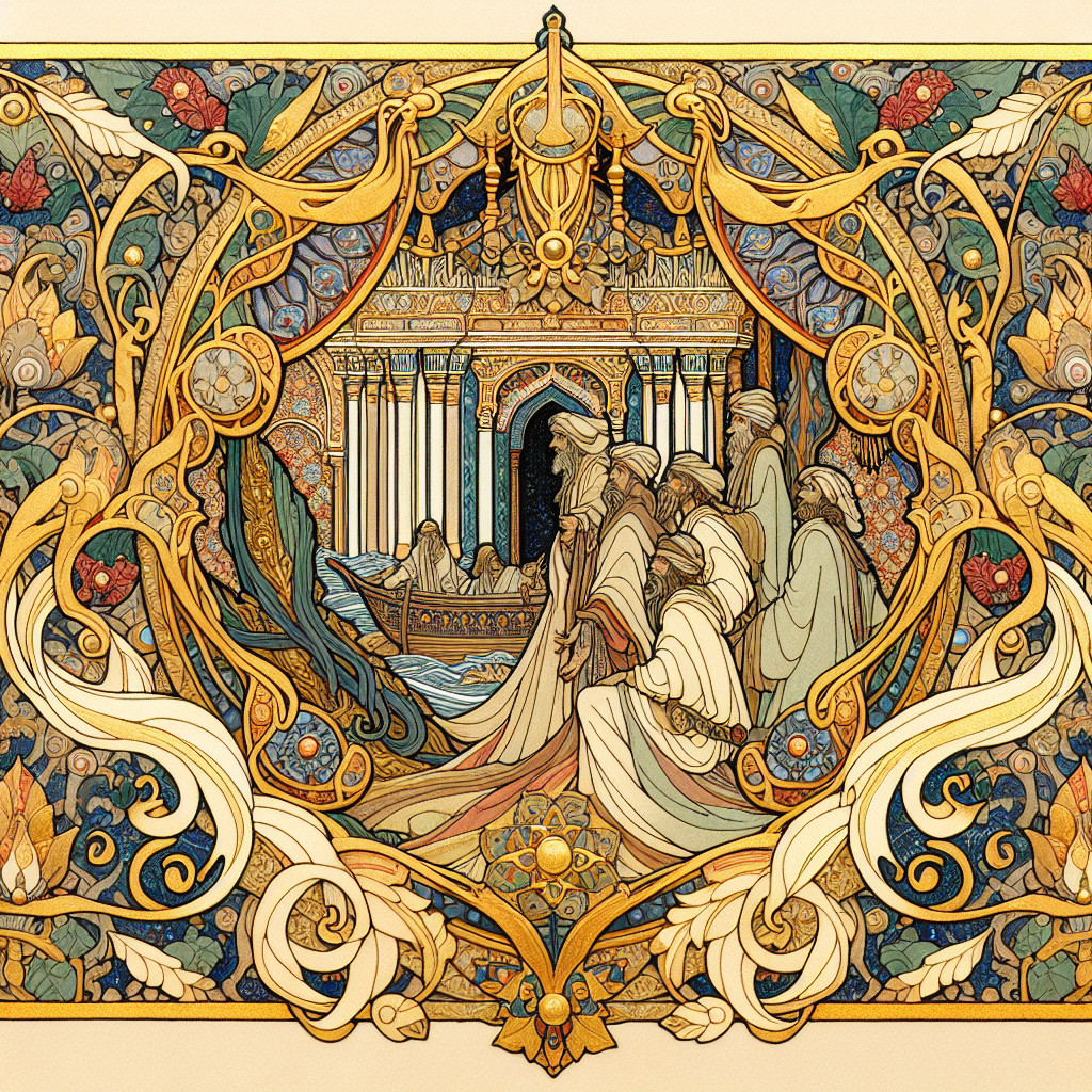 Ornate Art Nouveau Scene with Figures and Palace