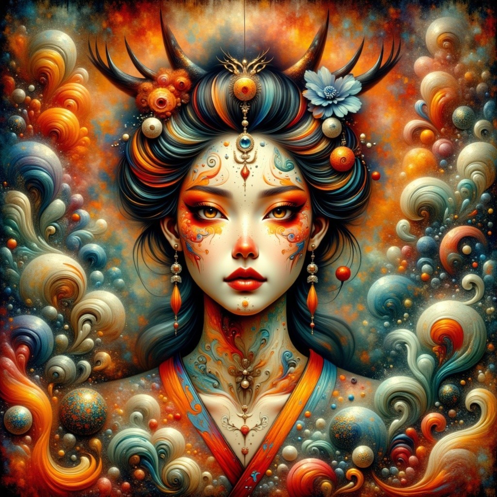 Mystical Woman Portrait with Tattoos and Vibrant Colors