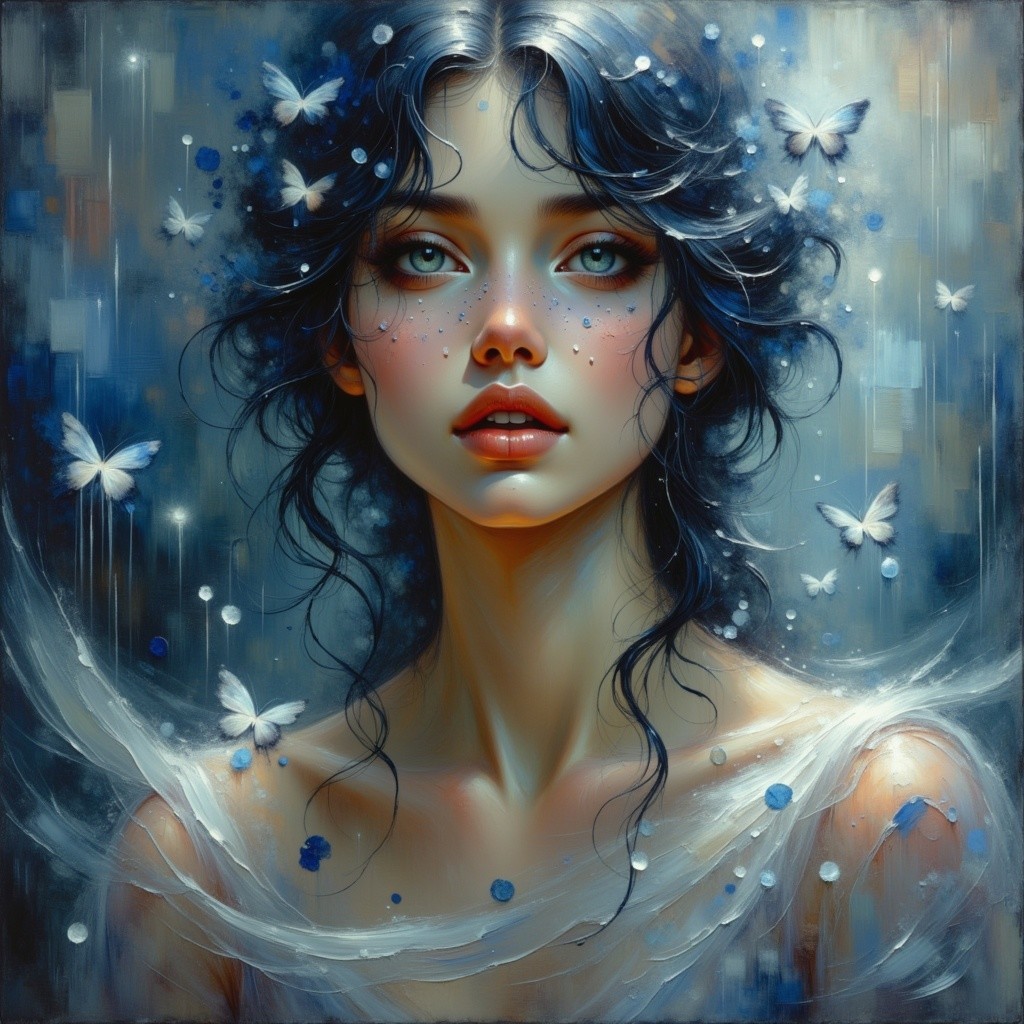 Portrait of a Young Woman with Blue Butterflies