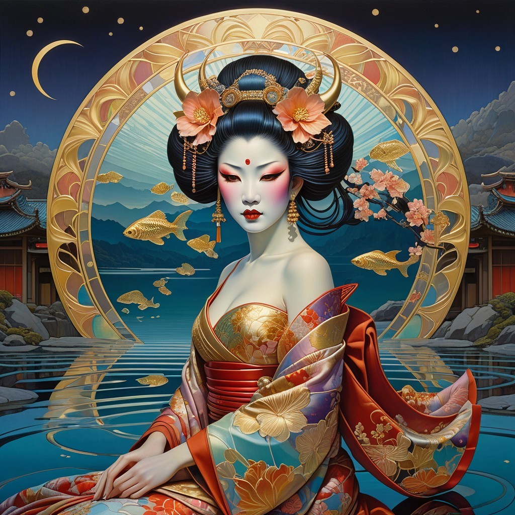 Traditional Japanese Figure in Floral Kimono Portrait