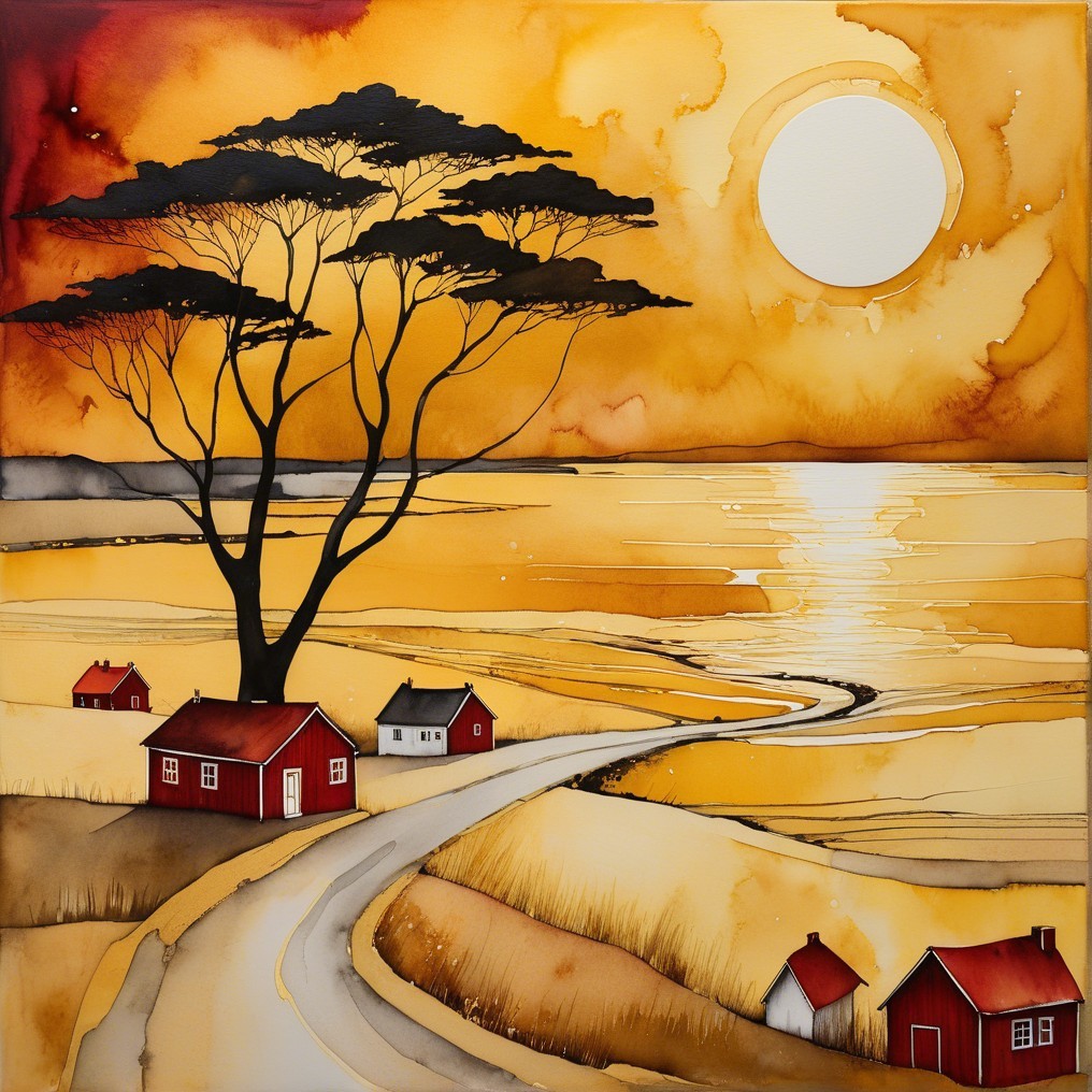 Serene Landscape with Winding Road and Tranquil Water
