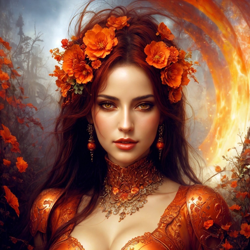 Woman with Orange Flowers in Mystical Landscape