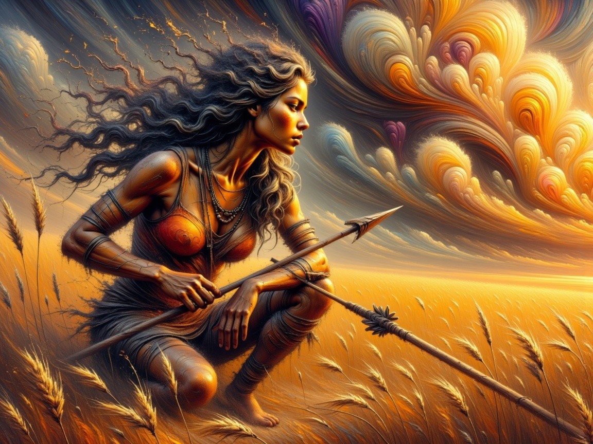 Fierce Warrior Woman in Vibrant Wheat Field