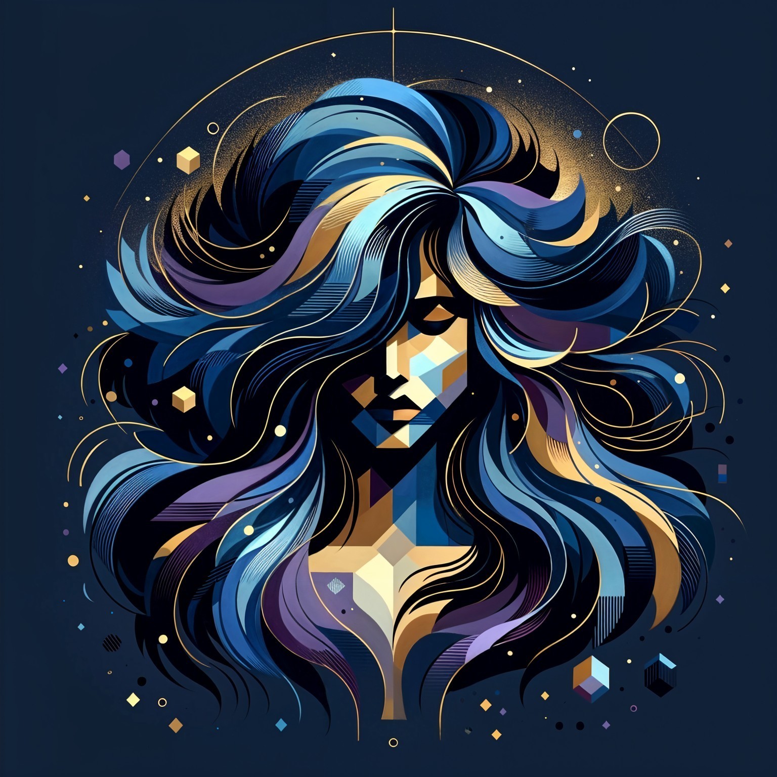 Stylized female figure with vibrant blue and purple hair