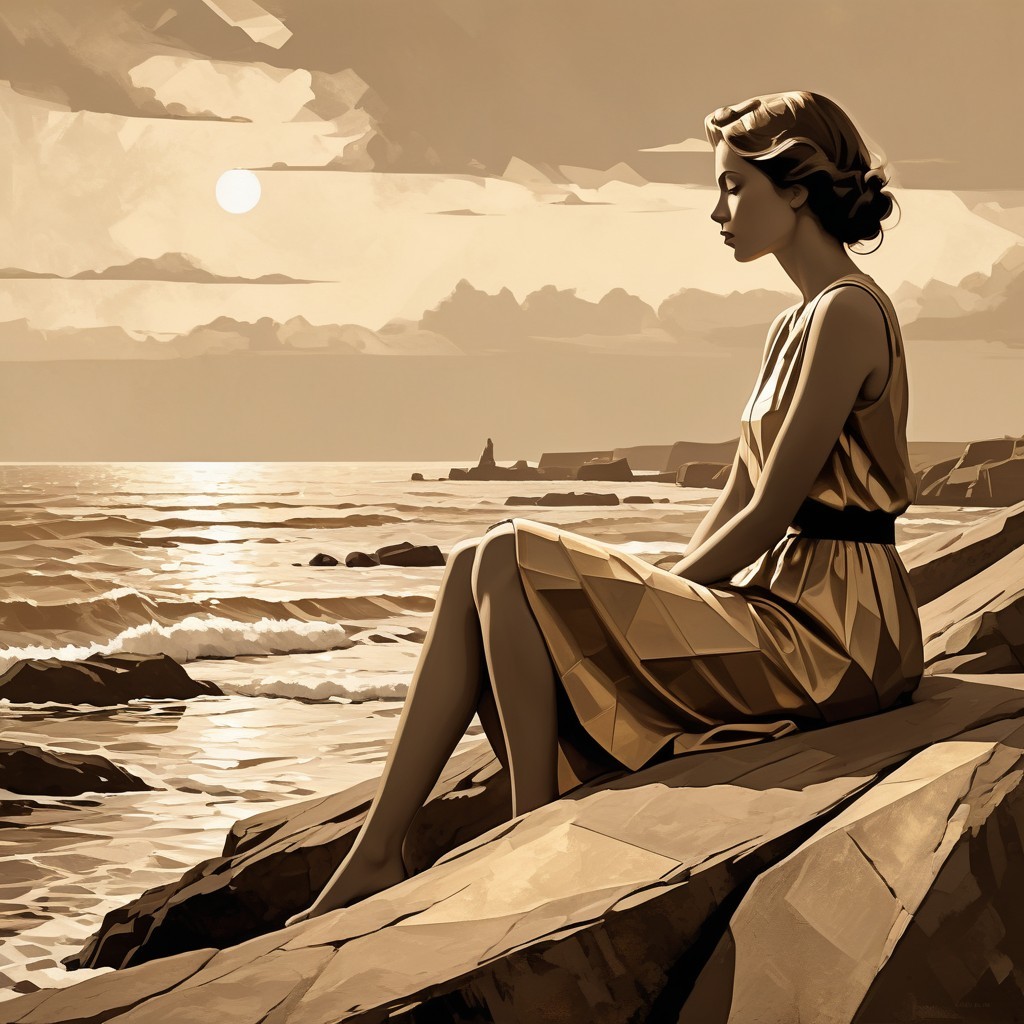 Woman Reflecting on Rocky Shores at Sunset