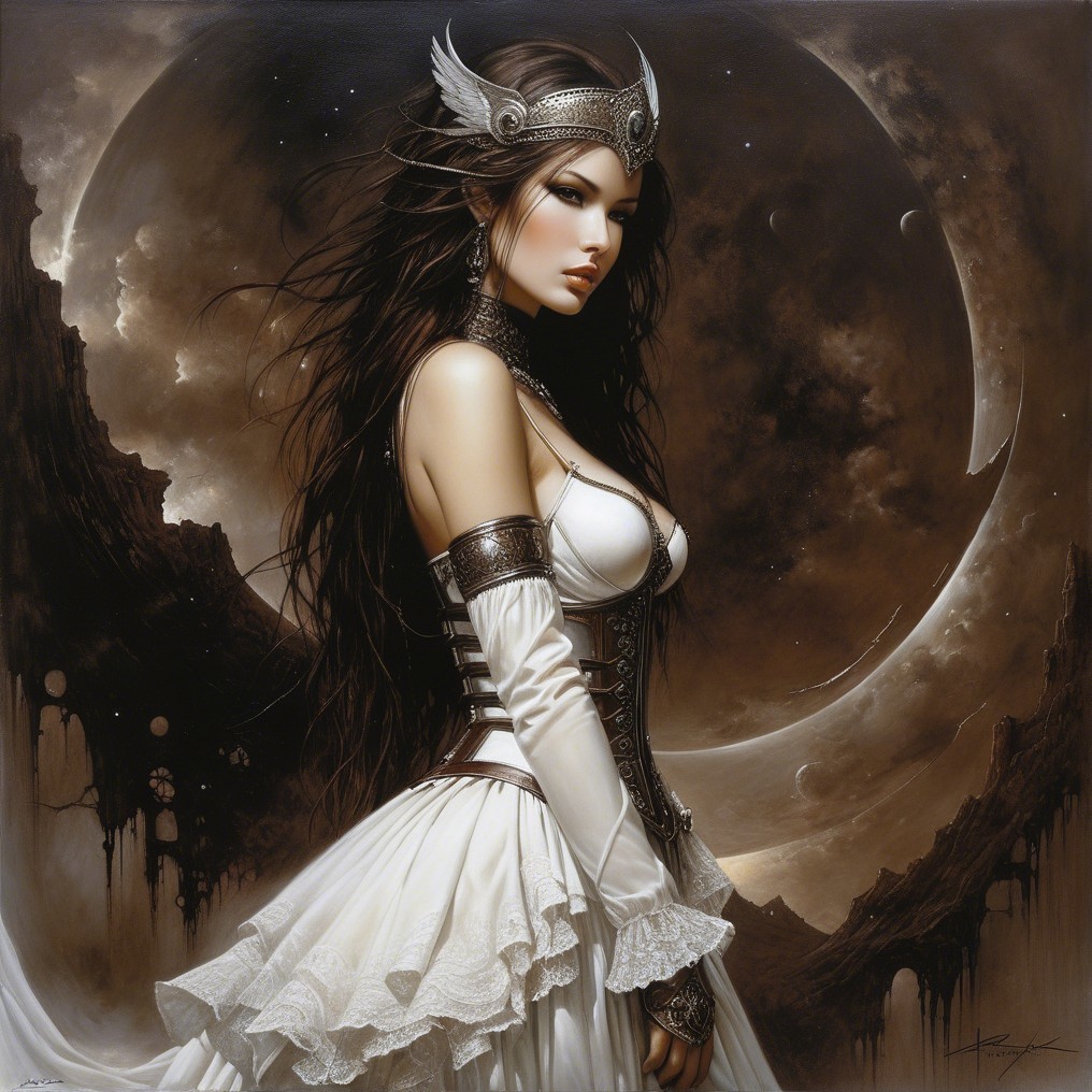 Elegant Woman in White Gown with Celestial Background