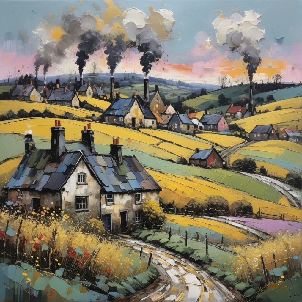 Countryside Scene with Cottages and Rolling Hills