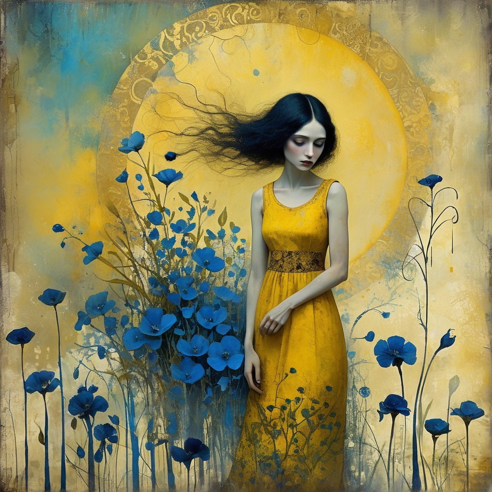 Woman in Yellow Dress Surrounded by Blue Flowers