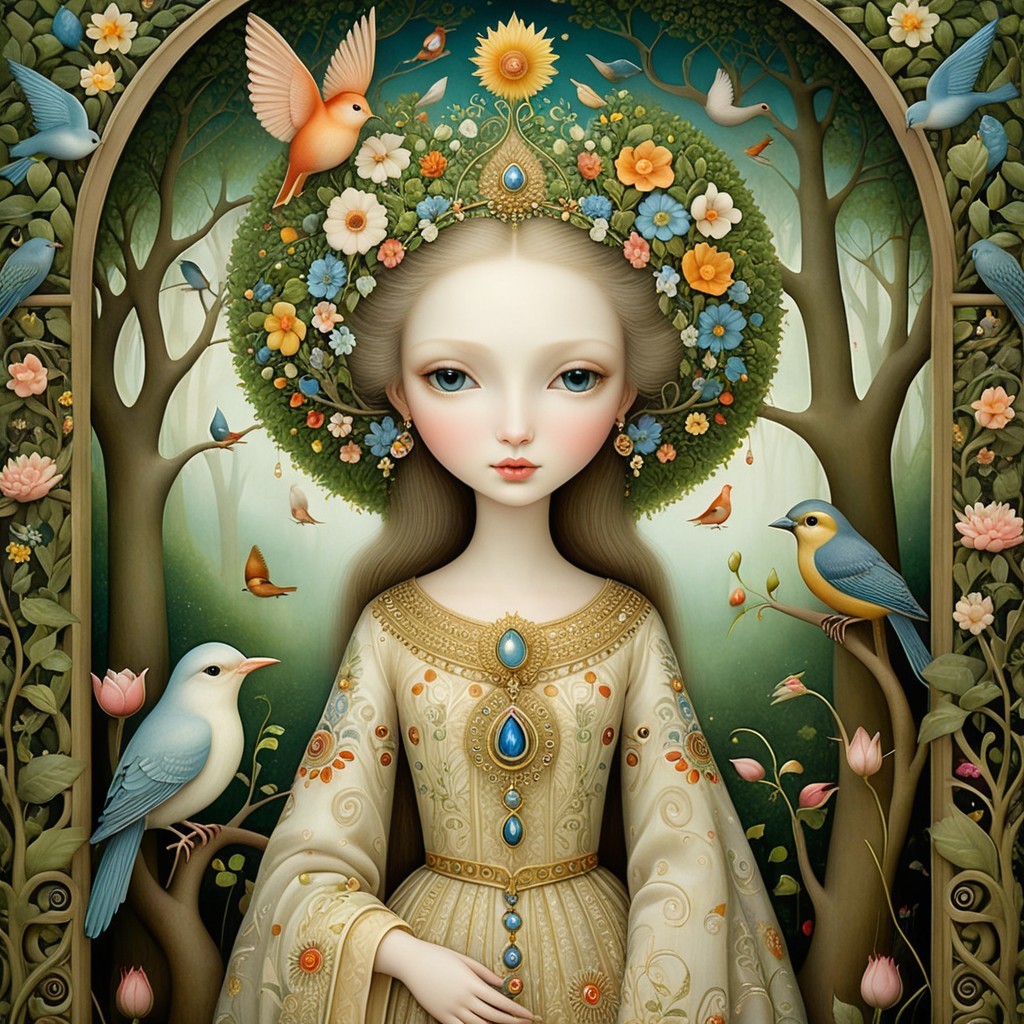 Young woman in golden gown in enchanted forest
