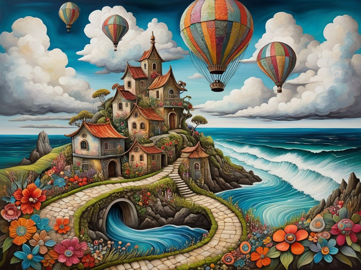 Whimsical Landscape with Colorful Path and Village