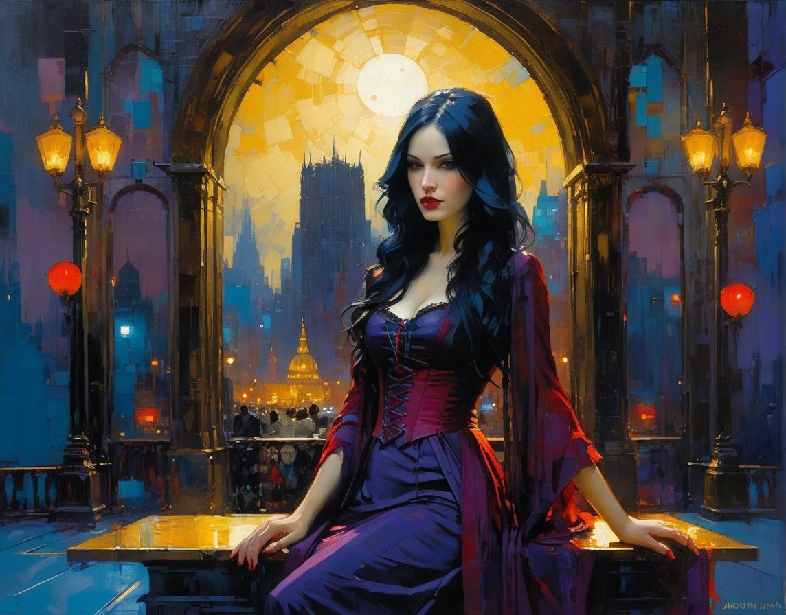 Elegant Woman in Red Gown Against Urban Backdrop