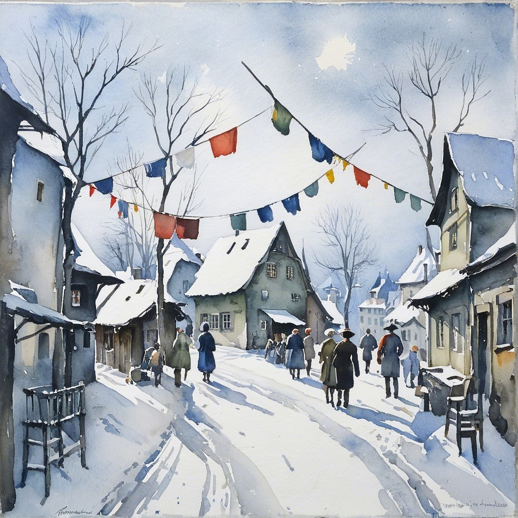 Winter Village Scene with Snow and Prayer Flags