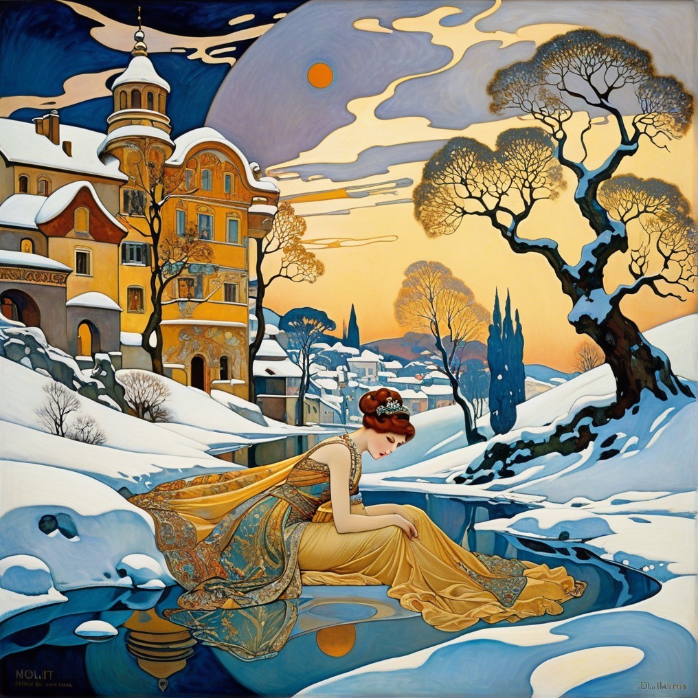 Winter Landscape with Young Woman by Frozen Pond