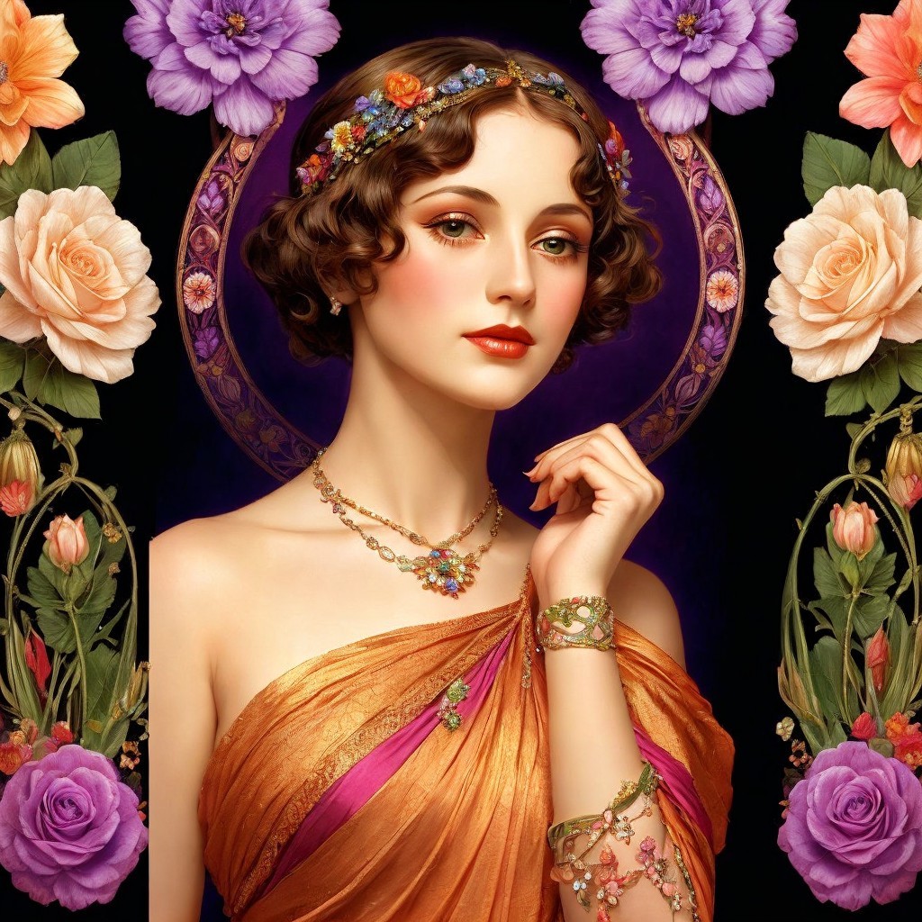 Elegant Woman in Golden-Orange Fabric with Floral Accents