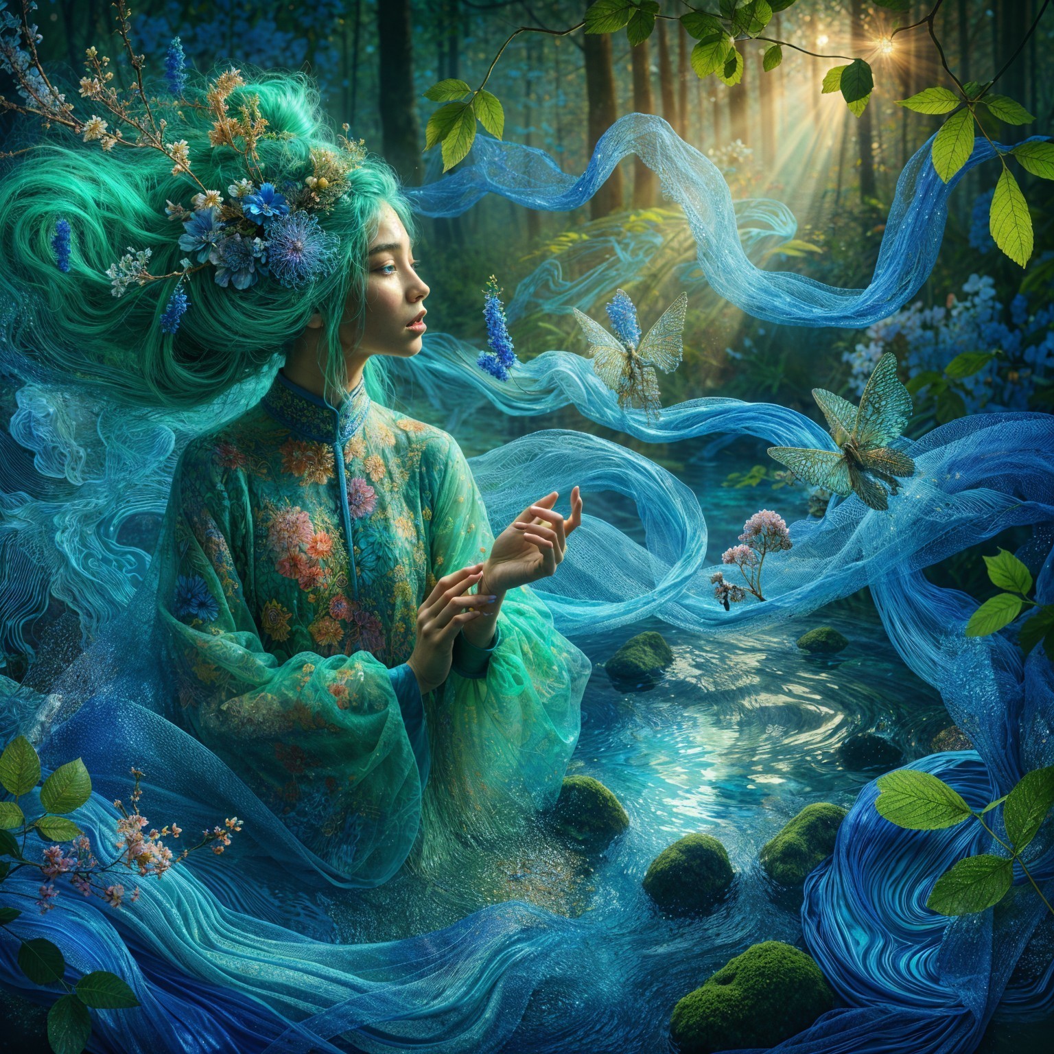 Mystical Figure in Enchanted Forest with Butterflies