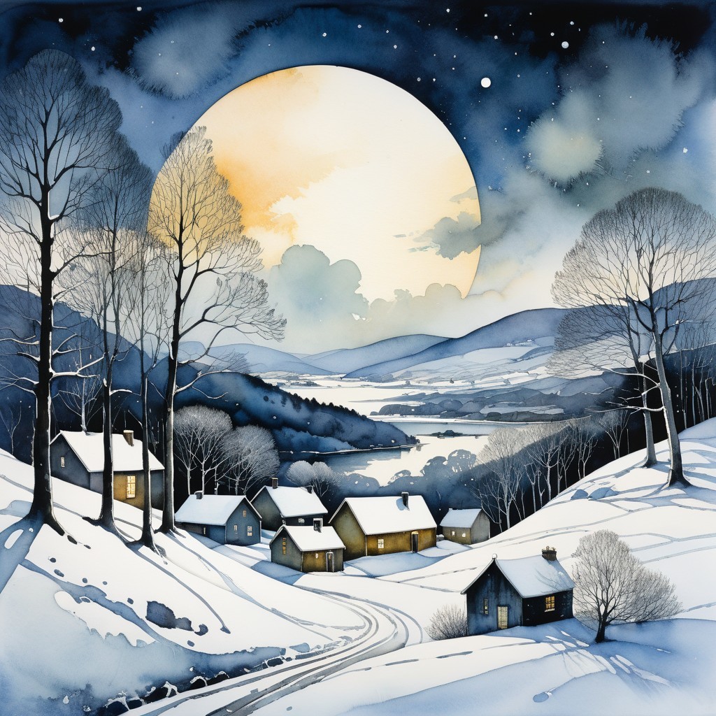 Serene Winter Village Under Starry Night Sky