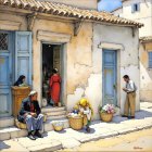 Sunlit Village Scene with Traditional Attire and Architecture