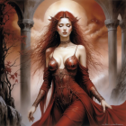 Mythical figure in bronze armor and flowing red garments