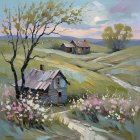 Countryside Scene with Cottages and Rolling Hills