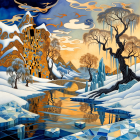 Winter Landscape with Young Woman by Frozen Pond