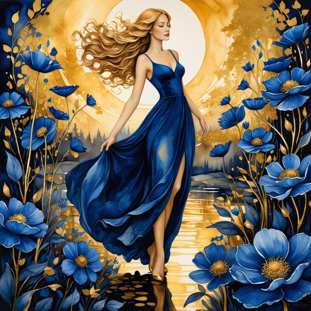Elegant figure in blue gown by serene waterway