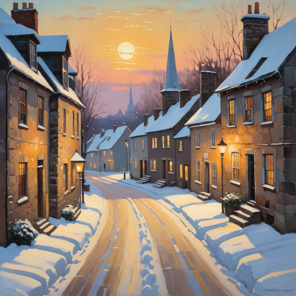 Charming Winter Village Scene with Snow and Sunset Sky