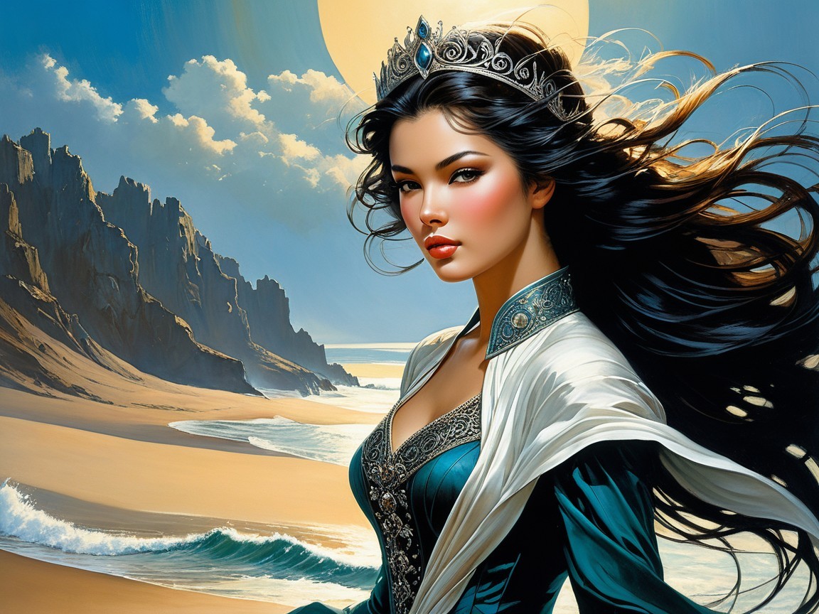 Regal woman in ornate gown on sunlit beach scene