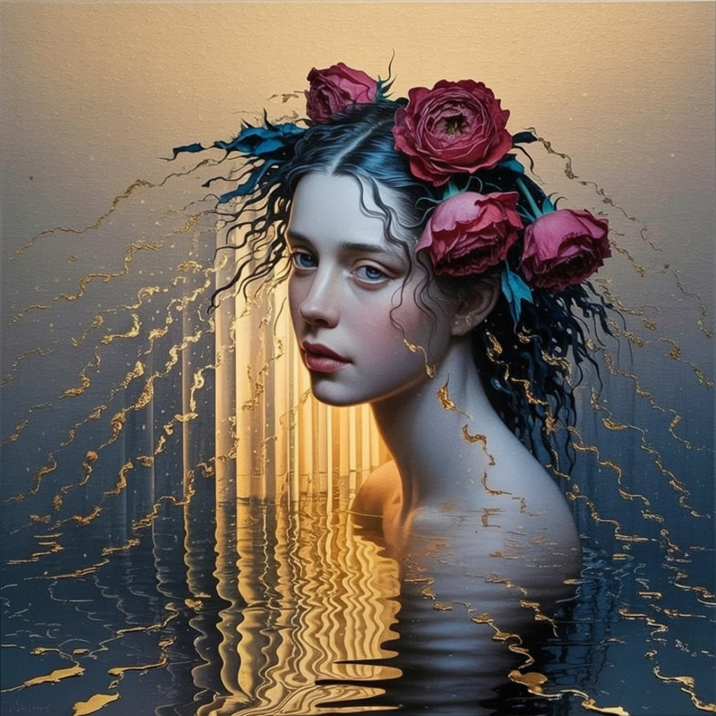 Serene Woman with Flowing Hair and Red Roses