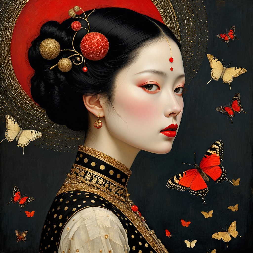 Portrait of a Woman in Traditional Attire with Butterflies