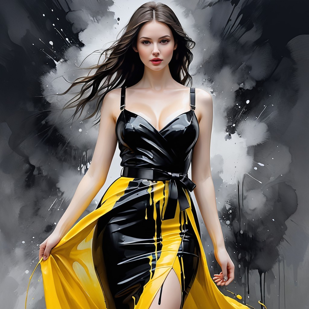 Model in Black and Yellow Latex Dress with Abstract Background