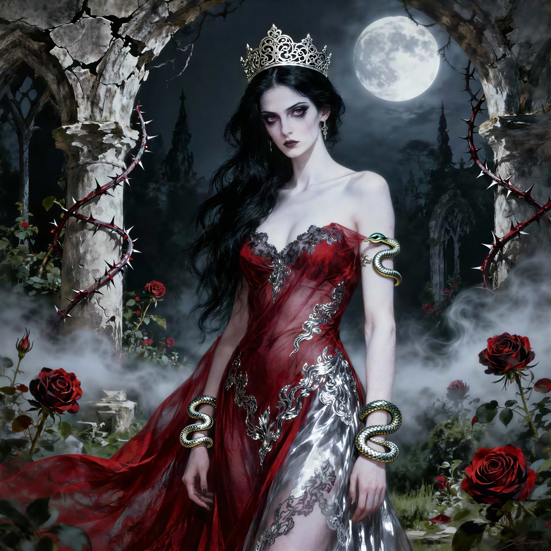 Gothic queen portrait in a misty overgrown garden