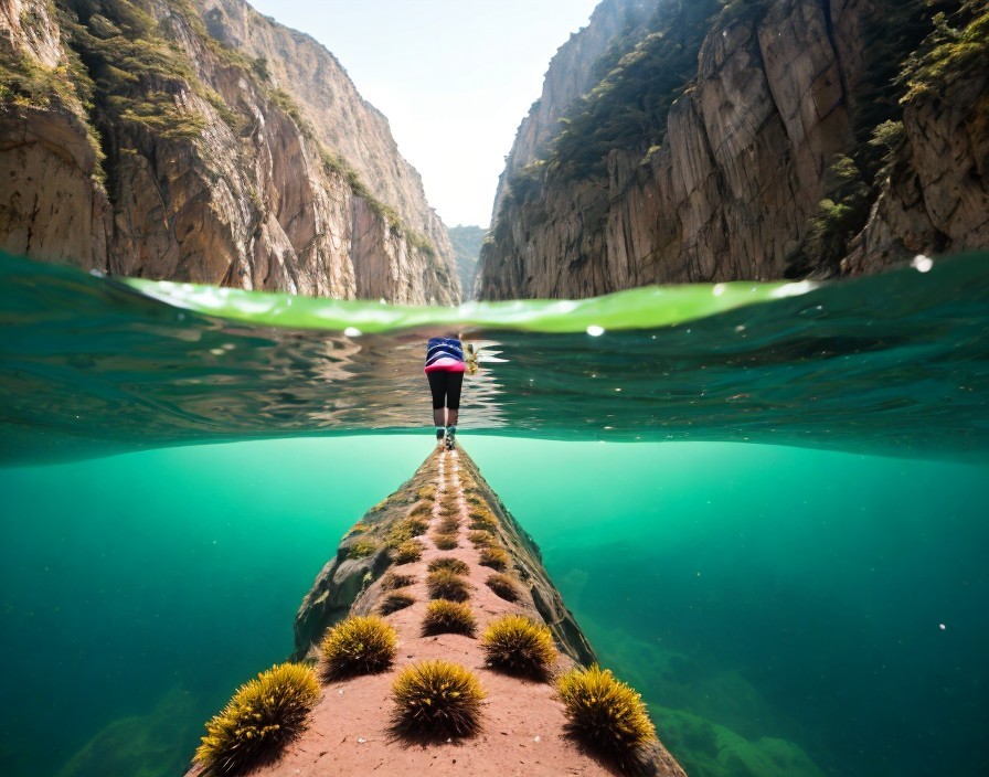 Person standing on submerged path in clear-water canyon with algae-covered rocks.
