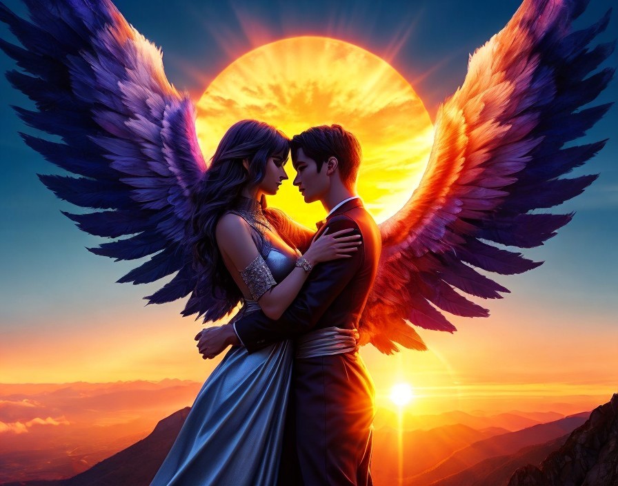 Couple Embracing with Large Vibrant Wings at Sunset