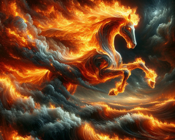 Majestic horse leaping through waves with fiery mane