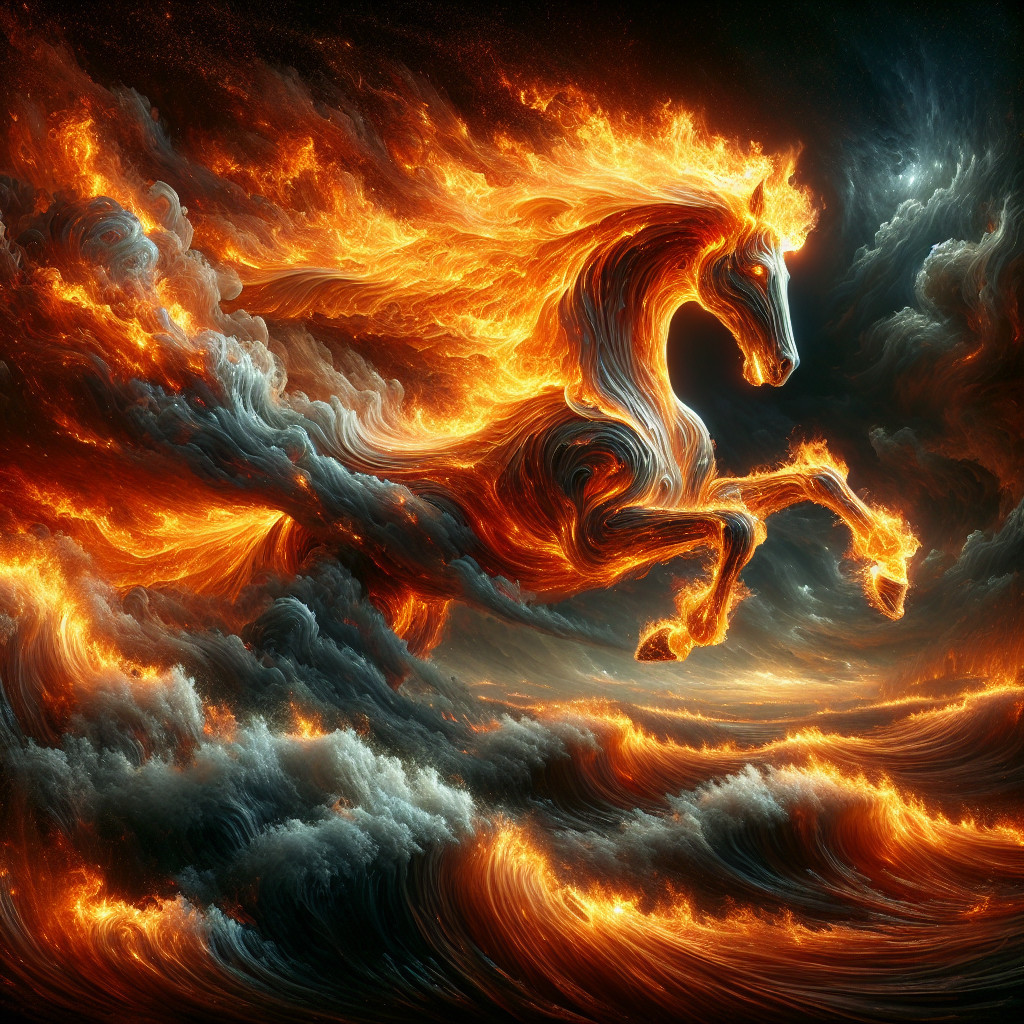Majestic horse leaping through waves with fiery mane