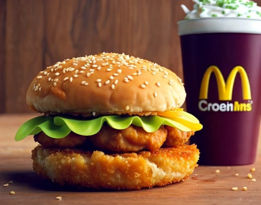 Crispy chicken sandwich with lettuce on sesame seed bun next to McDonald's cup with whipped cream drink