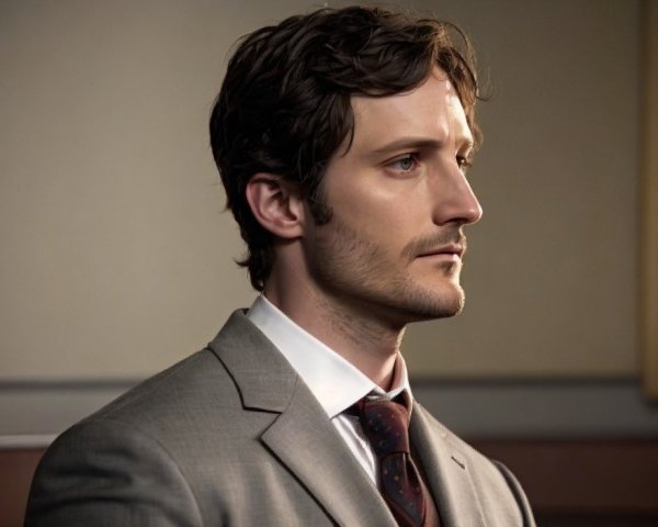 Man in grey suit with beard and tie gazes contemplatively.
