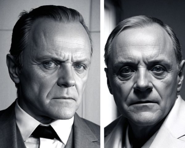Man's dual expressions in black and white photo