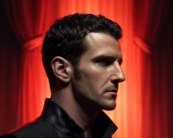Man with Stubble in Black Leather Jacket Against Red Curtain