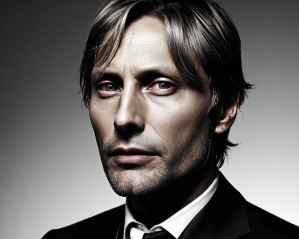 Man in Black Suit with Sharp Features and Shoulder-Length Hair on Grey Background