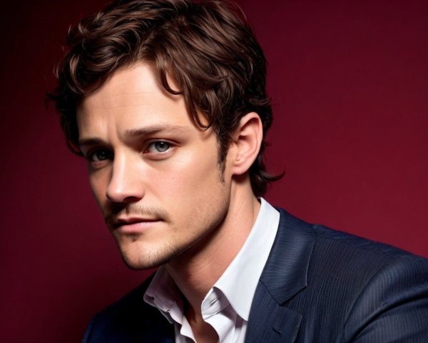 Man with Wavy Hair in Suit and Shirt on Burgundy Background