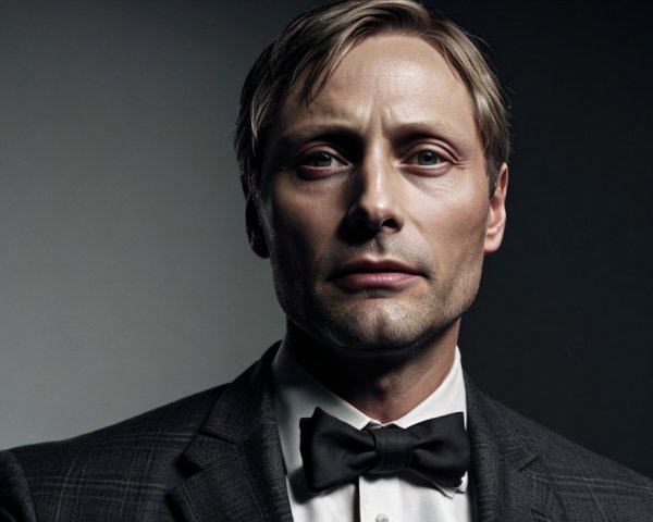 Man in Tuxedo with Sharp Features Against Dark Background