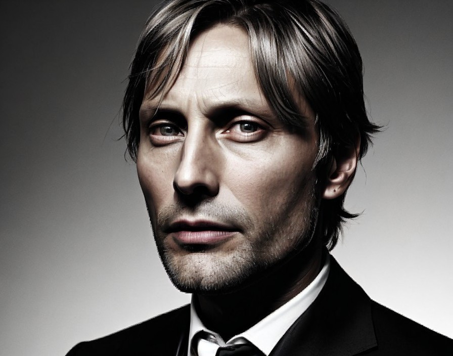 Man in Black Suit with Sharp Features and Shoulder-Length Hair on Grey Background