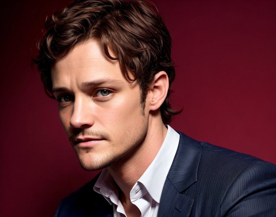 Man with Wavy Hair in Suit and Shirt on Burgundy Background
